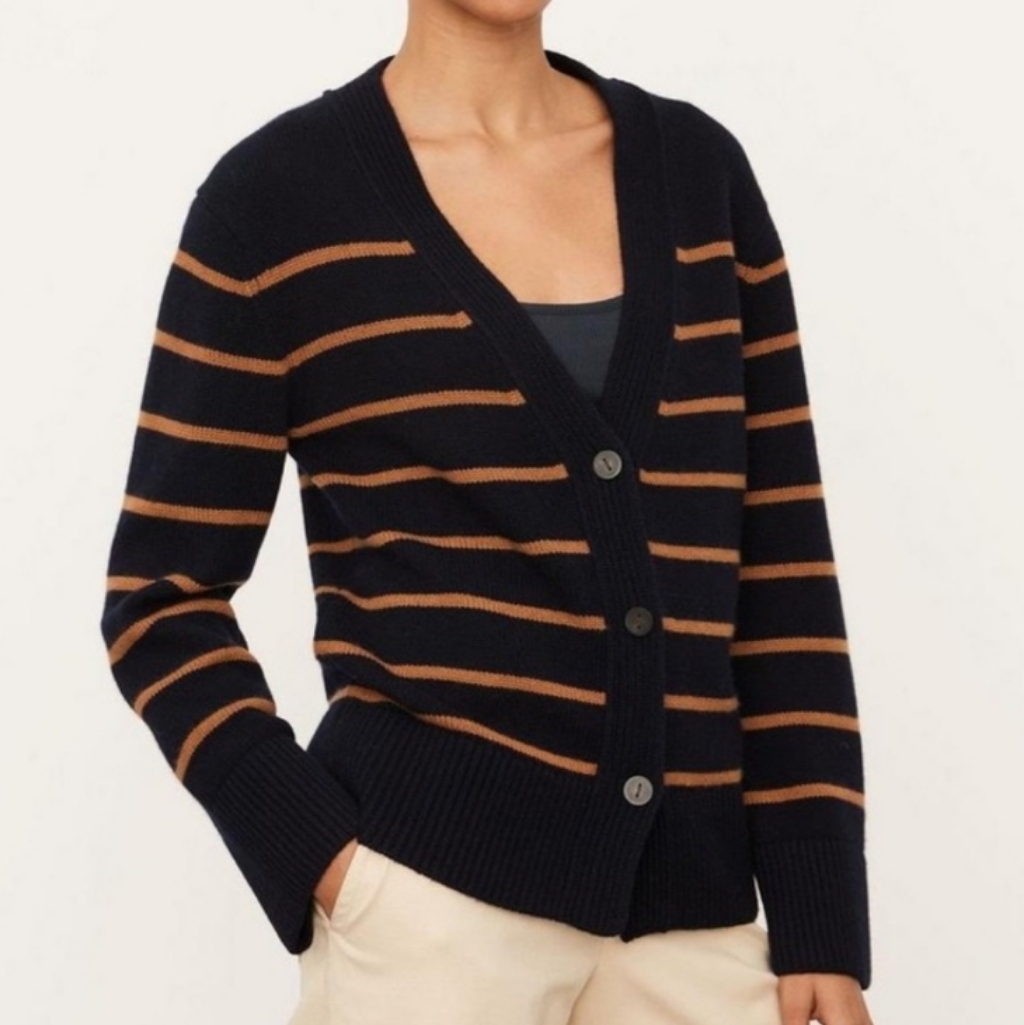 New Vince "Breton" Stripe Wool & Cashmere Cardigan Xxl, Coastal/ Vicuna -$495